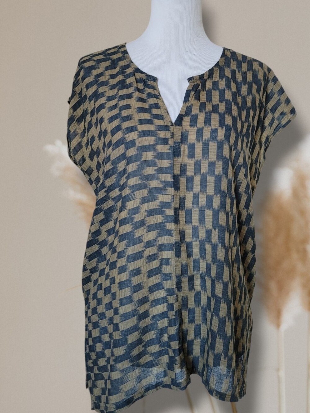 CP Shades SOL Cotton Plaid Check Tunic Cap Sleeve M